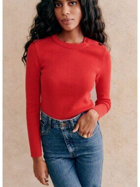 EUC Sezane Matthis 100% Cotton Button Shoulder Sweater Red Medium